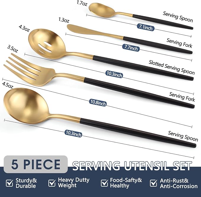 Blackgold Serving Utensils,5 Pieces Hostess Set,Stainless Steel Serving Utensils Set Include Serving Fork,Large Serving Spoon and Serving Slotted Spoons,Sugar Spoons and Butter Knife,Dishwasher Safe