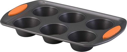 Rachael Ray Yum-o! Nonstick Bakeware Oven Lovin' Cups Muffin Pan 6-Cup, Gray with Orange Handles