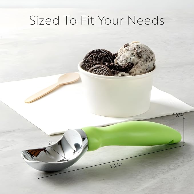 Restaurantware Comfy Grip 7.9 x 2 Inch Kitchen Ice Cream Scoop 1 Heavy-Duty Ice Cream Disher - Ergonomic PP Handle Dishwashable Green Metal Ice Cream Spade With Lid Opener Notch Multi-Use