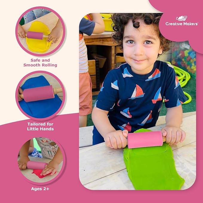 Small Rolling Pin for Kids, Non-Stick Silicone Surface with Wooden Handles for Play Dough and Baking Rolling Pin (Hot Pink)