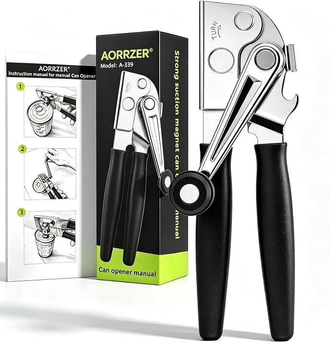 AORRZER® Can Opener Manual with Magnetic Lid Lifter, High-Intensity Sharp Steel Blade, Bottle Opener, Comfortable Grip Handle, Kitchen Tools for Home and Commercial (Black)