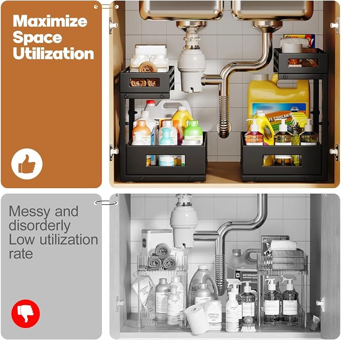 1-Pack Under Sink Organizers and Storage,2-Tier L Shape Pull Out Cabinet Organizer With Round Tube Slide Rails,Hight Adjustable Slide Out Drawers for Kitchen&Bathroom,Multi-Purpose Storage Shelf-Black