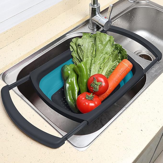 QiMH Collapsible Colanders Set of 3, 4 Quart Colander, 4 Quart Folding Basin, and 6 Quart(1.5 gal) Over the Sink Extendable Colander, Space-saving Silicone Kitchen Foldable Food Strainer