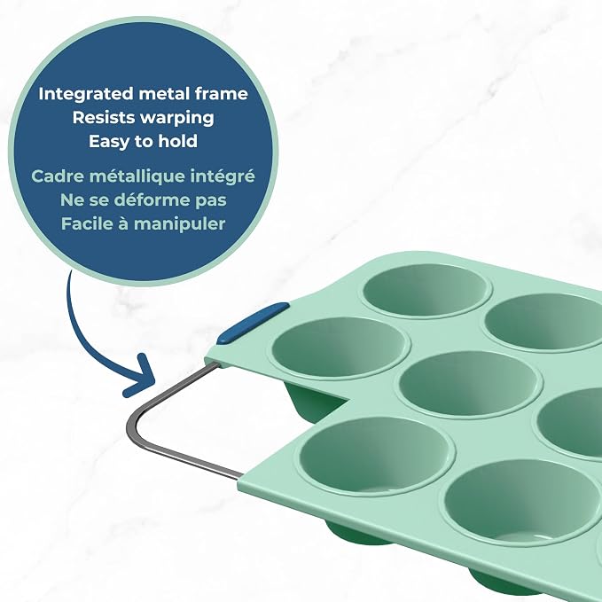 Starfrit Silicone Bakeware 12 Muffin Pan with Integrated Metal Frame - Premium Silicone BPA-Free - Heat Resistant - Ergonomic Handles - Easy Release - Oven & Dishwasher Safe - Green