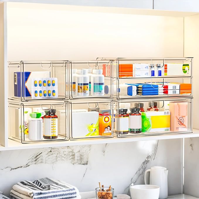 6-Pack Acrylic Stackable Storage Drawers for Vanity, Desk, Bath | 2 large & wide 13" drawers, Smooth-glide, stackable, clear body, dustproof, wipe clean, for makeup, pantry jars, under sink