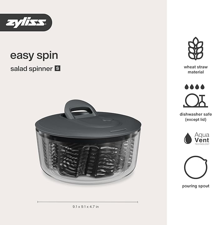 Zyliss Easy Spin Salad Spinner Small, Non-Slip Base, Serving Bowl, AquaVent™ Technology, Retractable Cord and Brake System, Easy to Clean