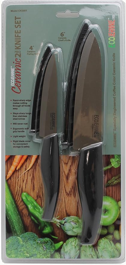 EcoJeannie CKS001 2-Piece Set: Premium Coffee Color Ceramic Knives - 6 Inch Chef's Knife & 4 Inch Paring Knife with Protective Covers