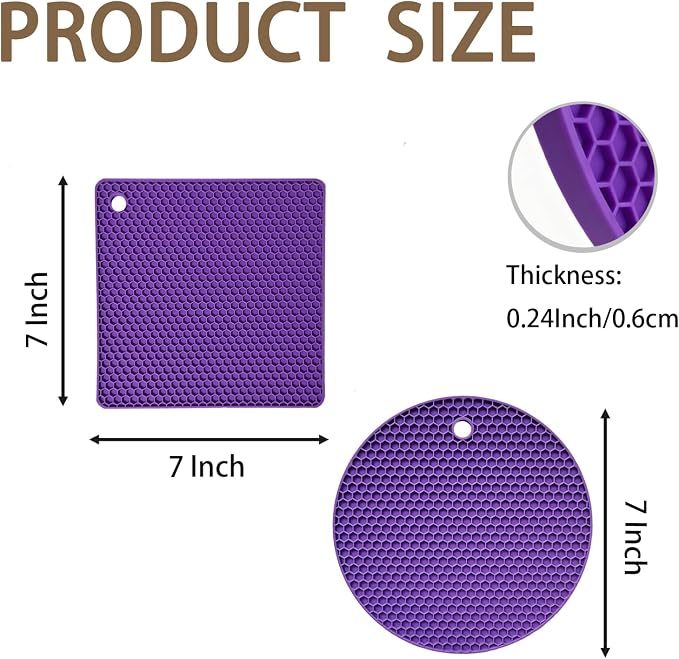 6-Pack Silicone Trivet Mats, Heat Resistant Hot Pads, Dishwasher Safe Kitchen Mats, BPA-Free Pot Holders for Table, Countertop, Stove, Honeycomb Design (Purple, 7” Square/Round)