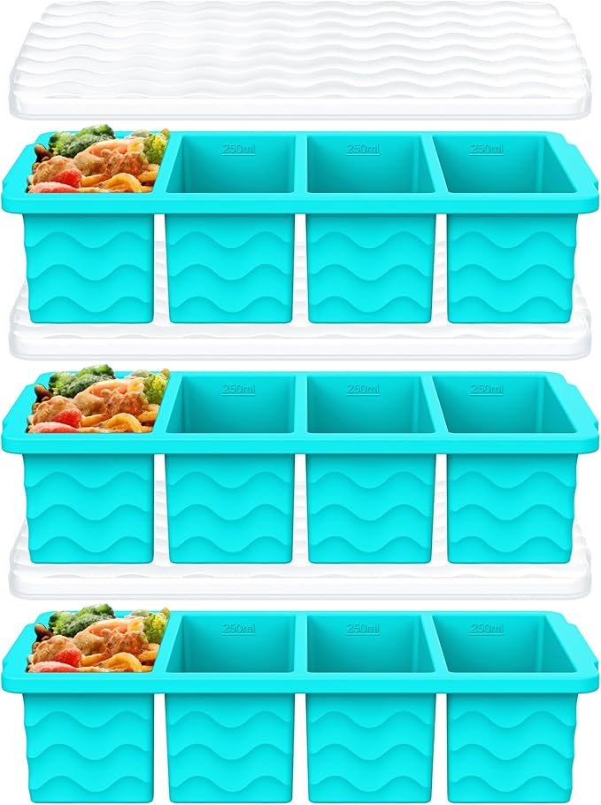 3-Pack Silicone Freezer Trays with Lid, Soup Freezer Container Molds, Silicone Freezer Molds, Ice Cube Tray for freezing Soup Sauce Broth Leftovers, Dishwasher & Oven Safe, BPA Free (1-cup,blue)