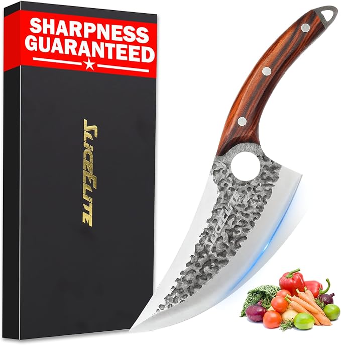 SliceElite Heritage Forge Series Viking Knife Meat Cutting Boning Knife Slicing BBQ Kitchen Knife Full Tang Sandalwood Handle Hammered Pattern Forged Steel Gift Box