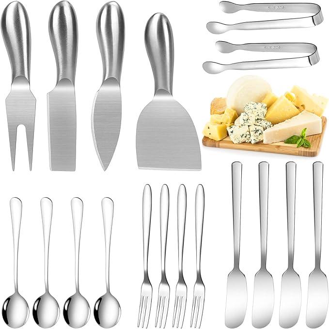 18pcs Charcuterie Accessories, Stainless Steel Cheese Knife Set Butter Spreader,Charcuterie Board Utensils Mini Serving Tongs,Spoons and Forks for Pastry Cheese & Butter, Apply for Party, Wedding