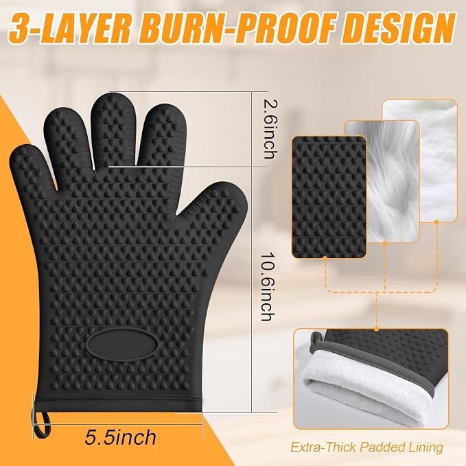 2 Pack Silicone Oven Mitts Heat Resistant, Waterproof Non-Slip BBQ Gloves, Flexible 5-Finger Kitchen Mitts, Kitchen Mittens for Baking, Grilling, Black