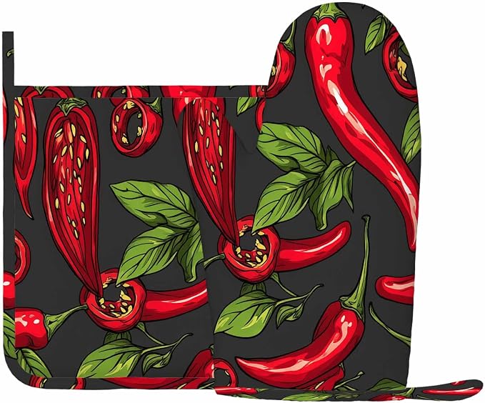 Mxocom Mexican Hot Pepper Chili Oven Mitts and Pot Holders Sets Slices Halves Crushed Pieces and Branch Organic Healthy Red Silicone Heat Resistant Kitchen Oven Gloves Pot Holder for Cooking