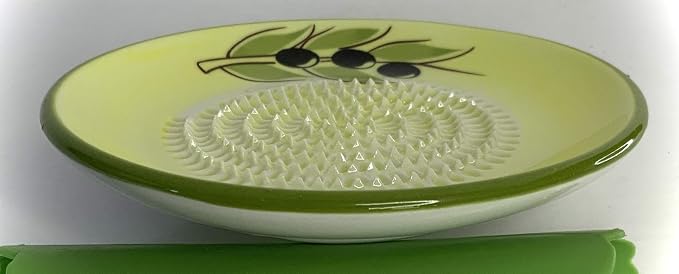 BonCera, All-in-one Premium Ceramic Garlic Grater Plate 4-Piece Set - Yellow Olive Design, Classic Style - For Garlic, Ginger, Chocolate, and more! - Comes with 5.25" Plate, Peeler, Brush, and Stand