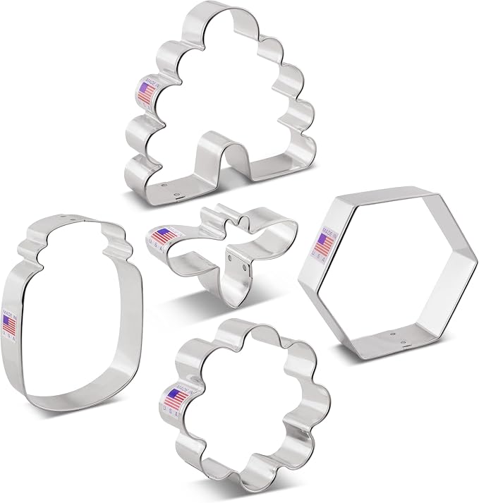 Ann Clark Bee Cookie Cutters 5-Pc. Set (Bee, Beehive, Small Flower, Honeycomb, Honey Jar) Made in the USA