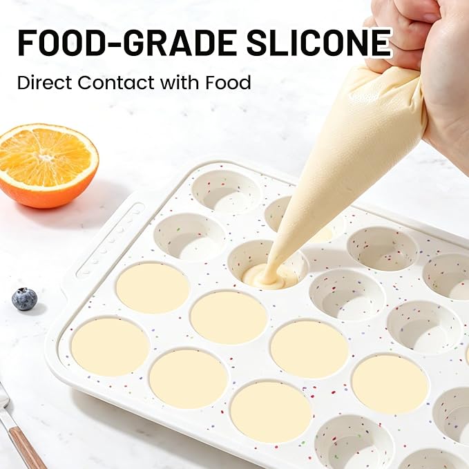Vinino Silicone Mini Muffin Pan for Baking with Reinforced Frame, BPA Free | 24 Cup Mini Cupcake Pan with Non-Slip Handle, Nonstick Food Grade Silicone Muffin Tray for Oven, Dishwasher Safe, Cream