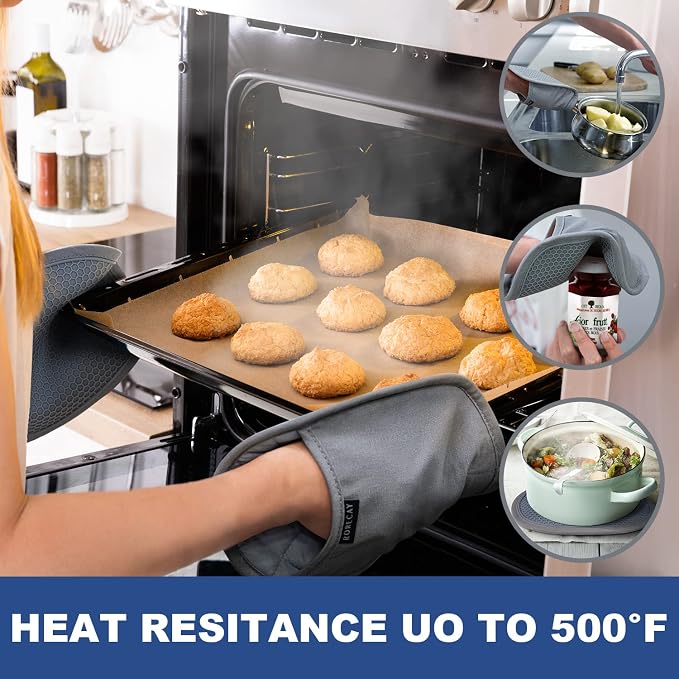 RORECAY 2-Pack Silicone Pot Holders for Kitchen, Hot Pads with Pocket, Blue | Heat Resistant up to 500°F, Quilted Cotton Potholders, Non-Slip & Waterproof Trivets for Hot Pots, Pans, and Countertops