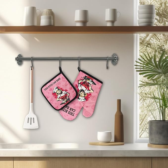 Funny Oven Mitts and Pot Holders（Set of 2） This Can Bake Heat Resistant Mitts Retro Silicone Non-Slip Oven Mitts Kitchen Gift for Men Women Great Birthday Gift for Bake Lover Chef Mom