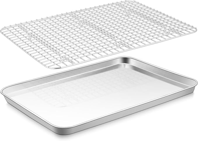 E-far Baking Sheet with Wire Rack Set, 16" x 12" (1 Pan +1 Cooling Rack) | Stainless Steel Sheet Pan with Cooling Rack for Oven, Large Metal Bacon Tray for Cooking Roasting, Non-Toxic, Dishwasher Safe