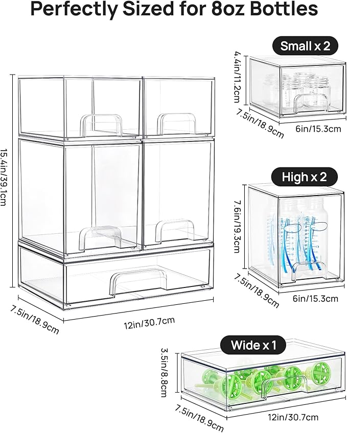 Vtopmart Clear Stackable Storage Drawers Set of 5, Plastic Organizer Bins | Multi-purpose Boxes for Baby Bottle Storage, Ideal for Kichen, Vanity, Bathroom, Undersink, Cabinet, Pantry Organization