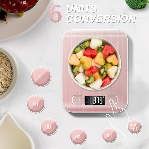 Food Scale, 11lb Kitchen Scale, 0.05oz/1g Weight Grams and Ounces, Pink | 6 Conversion units,Automatic overload,Low battery warning modes,2*AAA Batteries,for Baking, Cooking,Dieting and Meal Prep