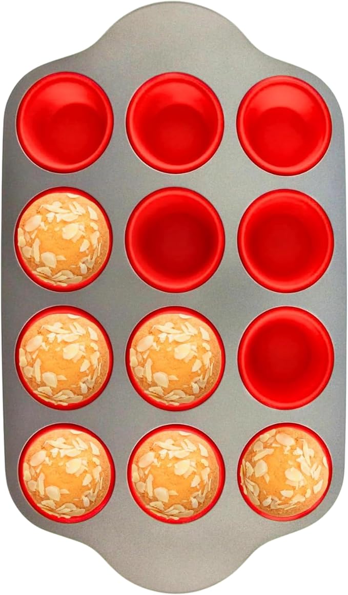 Non-Stick 12 Cup Silicone Muffin Pan with Steel Frame - BPA Free, Non-Toxic, Anti-Warp, Durable & Easy to Pop Silicone Muffin Tin - Perfect Cupcake Pan