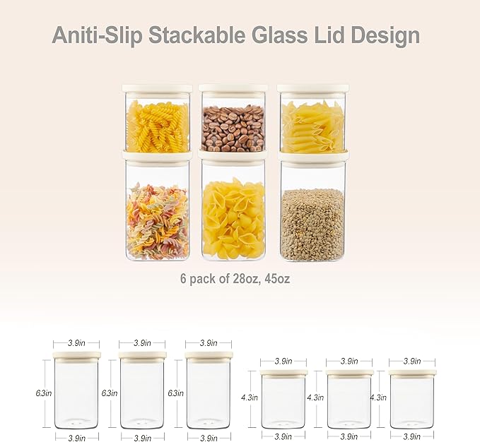 Glass Food Storage Jar with Glass Lid in Square Shape, Food Canister Set with Airtight Lids, Pantry Jars for Kitchen Organization, Food Storage Containers in Set of 6