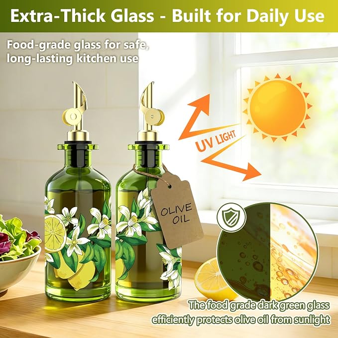 Olive Oil Dispenser Bottle for Kitchen, 12oz/350ml Extra Thick Glass Oil and Vinegar Cruet with Stainless Steel Pourer, Funnel & Cleaning Brush, Premium Oil Dispenser Set (Lemon)
