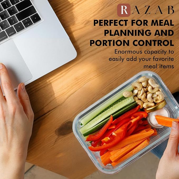 Razab 30 PC Glass Food Storage Containers with Lids - Reusable Glass Meal Prep Containers for Lunch and Leftovers - Airtight & Leakproof Snap Locking Lids - Oven, Freezer, Microwave, Dishwasher Safe