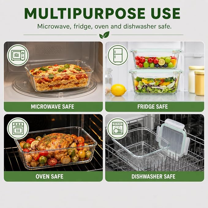 2 Pack Large Glass Storage Containers with Lids 85oz/10.5cup Big Airtight Glass Food Storage Containers for Rotisserie Chicken Watermelon Meal Prep, BPA Free, Freezer Dishwasher Oven Safe