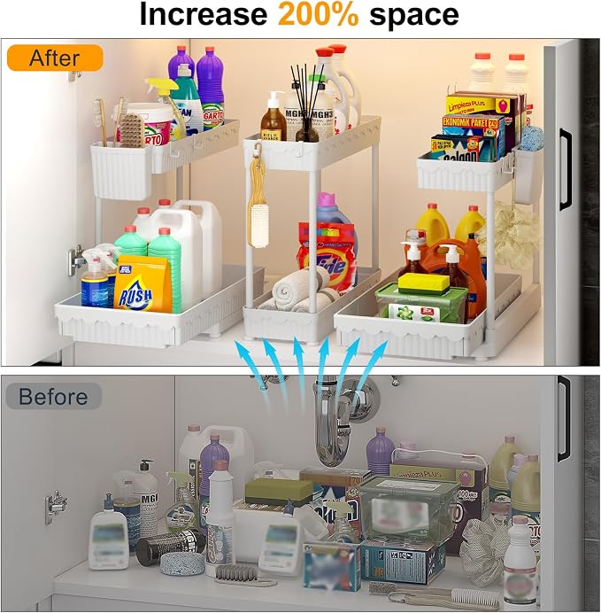 3-Pack 2-Tier L-Shaped Under Sink Organizers with Sliding Drawers | Multi-use kitchen & bathroom storage, 14.85 inch white cabinet organizer, space-saving sliding drawer design.