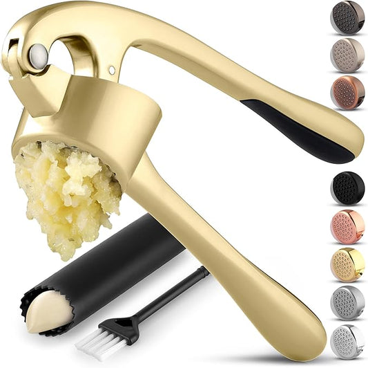 Zulay Kitchen Large Premium Garlic Press Set - Bigger Bowl for Bigger Garlic - Rust Proof Garlic Mincer Tool - Easy-Squeeze, Easy-Clean Silicone Garlic Peeler & Brush (Gold)