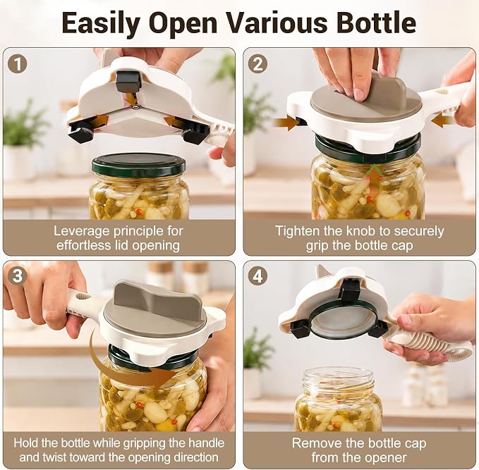 4-In-1 Jar Opener for Weak Hands & Seniors, Adjustable Lid Opener with Non-Slip Grip, Stainless Steel Jar Lid Opener, for Jars, Bottles & Cans (Brown)