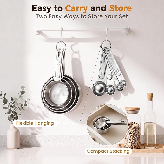 11 PCS Measuring Cups and Spoons Set with Funnel & Mini Spoons for Baking | Stainless Steel Build, For Dry & Liquid Ingredients, Dishwasher Safe, Clear Markings for Reading, Gift for Bakers & Cooks