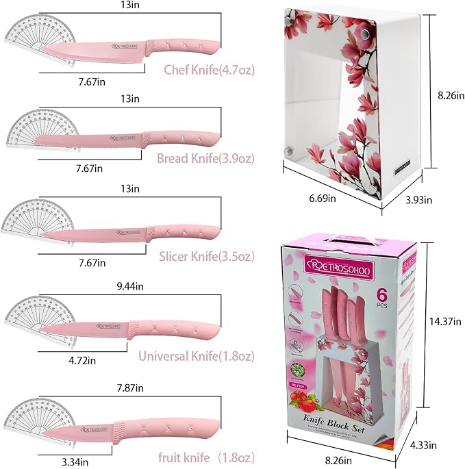 Kitchen Knife Set, Retrosohoo Pink Flower 6PC Stainless Steel Sharp Chef Cooking Non-slip Knife Set with Acrylic Stand & Block, Non-stick Colorful Coating Gift for Women Girls (Pink)