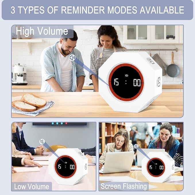 GuDoQi Digital Productivity Timer, Octagon Rotating Pomodoro Timers with Gravity-sensor, 1-3-5-15-30-60-90 Min Countdown, Portable Adjustable Sound Alert Multi Desk Timer or Study Task, Kitchen, White