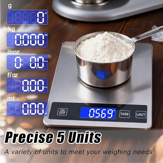 Food Kitchen Scale, 33lb Food Scale Precisely Measures Grams and Ounces for Baking and Cooking, 304 Stainless Steel Kitchen Scale for Food with LCD Display, Batteries Included