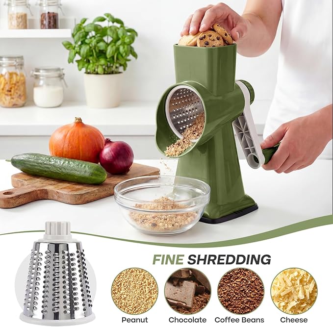 Rotary Cheese Grater,Cheese Shredder Hand Crank, Manual Cheese Grater for Veggies, 3-Blade Grater, Home Kitchen Appliances and Kitchen Gadgets (Green)
