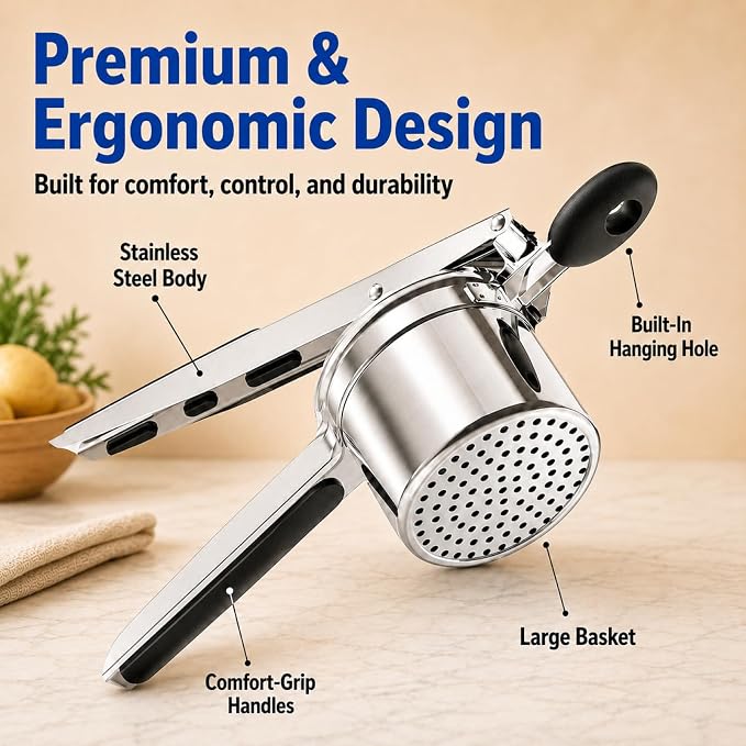 15 oz Stainless Steel Potato Ricer with 3 Interchangeable Plates, Large Capacity, Dishwasher Safe, Silicone Handles, Perfect for Mashed Potatoes, Baby Food, Vegetables & More