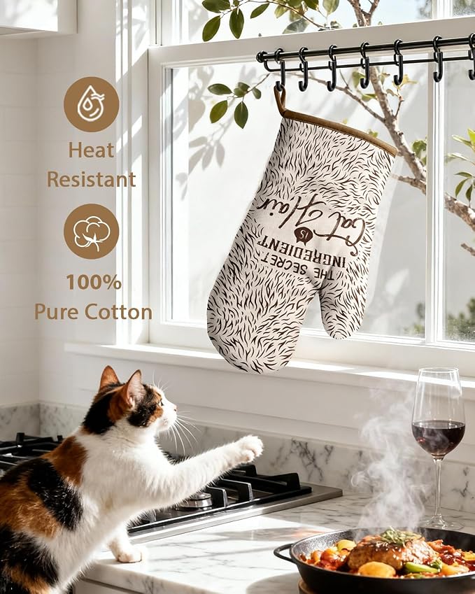 Slohif Funny Oven Mitts and Pot Holder for Women - Heat Resistant Brown Cute Novelty Kitchen Oven Mittens 100% Cotton, Non-Slip Silicone Surface Pot Holder for Baking and Cooking Accessories