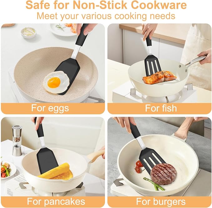Beijiyi 2 Pack Silicone Spatula Set, Heat Resistant, for Nonstick Cookware | Flipping & Cooking, BPA Free, Flexible, Solid & Slotted Turner, Non-Toxic Kitchen Utensils, Non Scratch, Dishwasher Safe