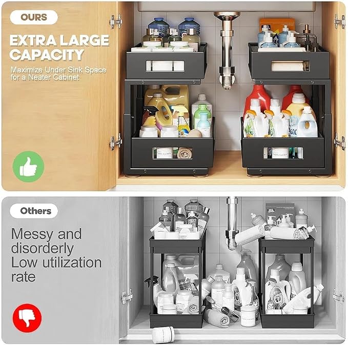 Under Sink Organizer, 2-Tier Dual Pull Out Cabinet Organizer Drawers With Smooth Circular Rail, Large Capacity Metal Mesh Sliding Shelves For Bathroom& Kitchen Storage,Height Adjustable–Black,1 Pack