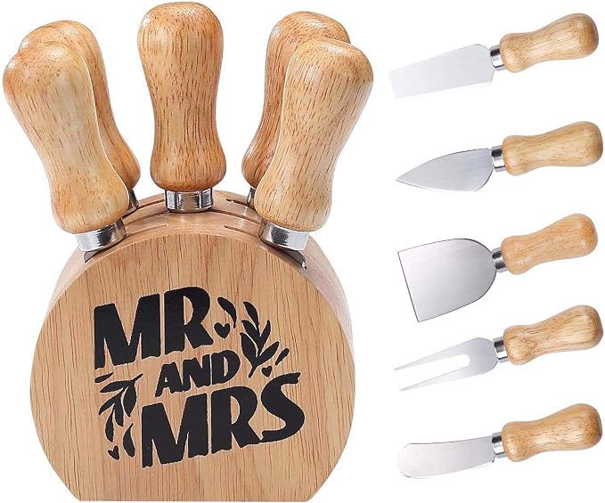 Cheese Knife Set with Wooden Holder,Cheese Spreader Knives Set of 5 for Charcuterie Board,Charcuterie Boards Accessories Charcuterie Utensils Tools Git Box (Mr Mrs)