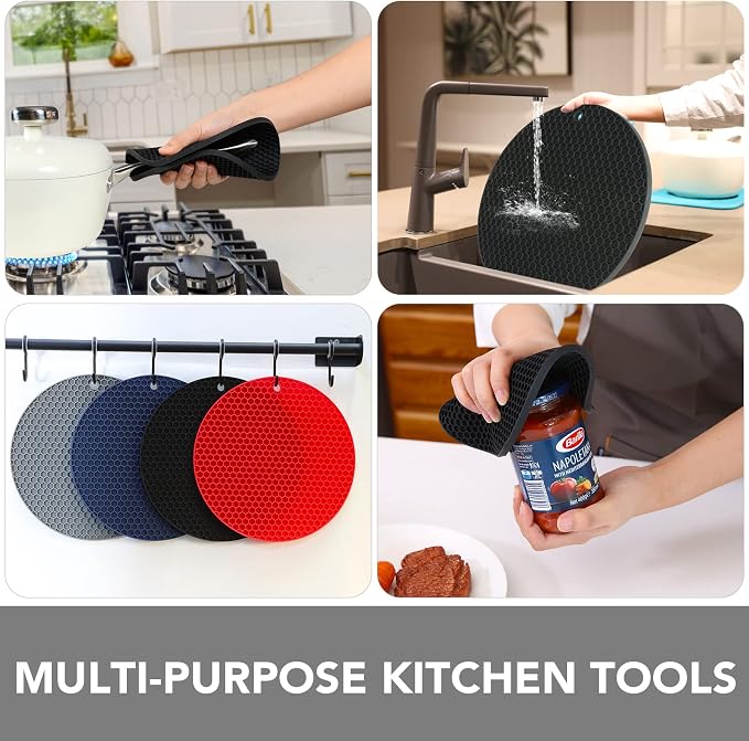 4 Pack Silicone Trivet for Hot Dishes | Heat Resistant Silicone Pot Holders for Kitchen Countertops, Hot Dishes, Jar Opener, Spoon Holder, Easy to Wash, Black