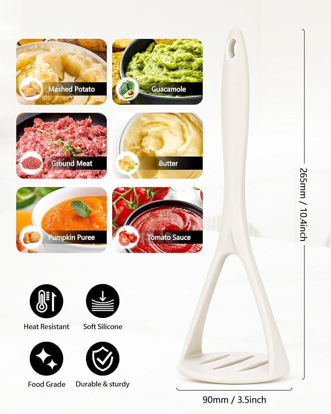 2-Pack Silicone Potato Masher - Heavy Duty, Non-Scratch, Dishwasher Safe | Mashing potatoes, avocado, baby food. Heat-safe 450°F. Soft-grip, BPA-free, seamless. Gentle on pans.