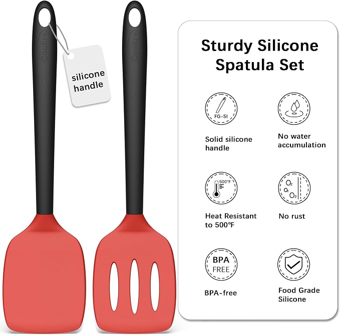 Coukre 2 Pack Silicone Spatula Set, High Heat Resistant, BPA Free Kitchen Spatula, Solid & Slotted Turner for Non-Stick Pans, Sautéing, and Flipping (2, RedBlack)