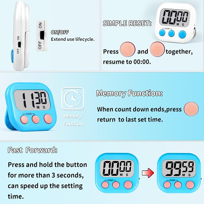 Timer for Kids Teachers Digital Kitchen Timers for Cooking Large Magnetic Classroom Timer 24Pack-Blue White