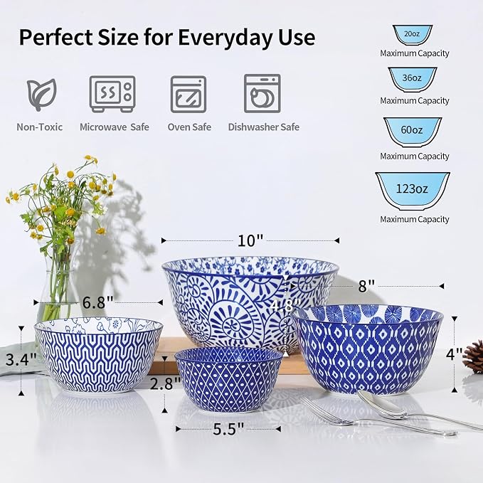 Selamica Ceramic Mixing Bowls, Nesting Bowls Set of 4 for Mixing, Baking, Prepping, Cooking, Salad, 20/36/60/123 oz, Microwave & Dishwasher Safe, Vintage Blue