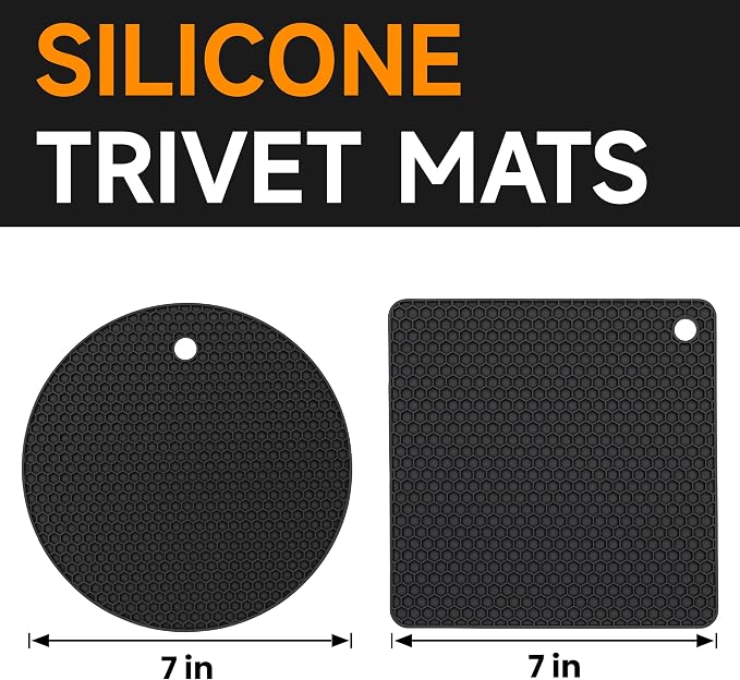 Silicone Trivets for Hot Dishes, Non-Slip Hot Pads for Kitchen Countertop Protector, Heat Resistant Mat for Hot Pots and Pans 4-Pack Food Grade Silicone Black