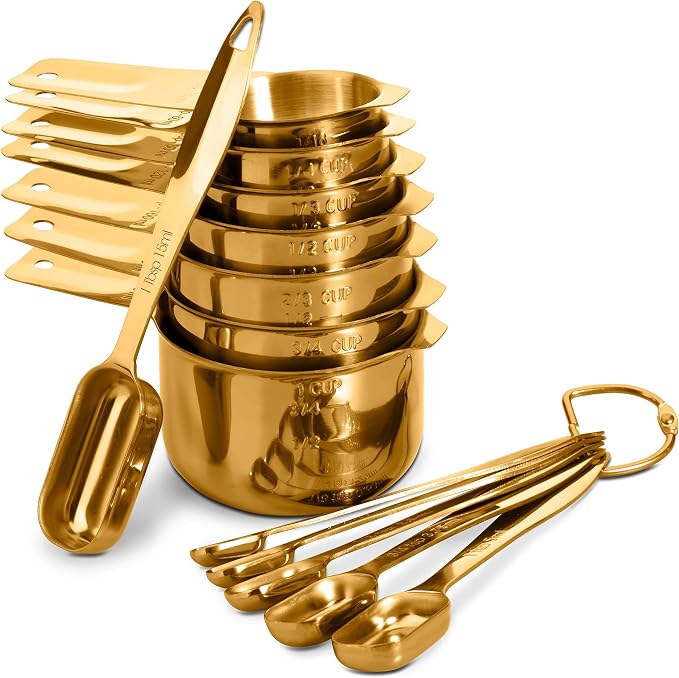 13-Piece Measuring Cups and Spoons Set, 18/8 Stainless Steel, Gold | Clearly Marked US and Metric Measurements, 7 Cups and 6 Spoons Nest for Dry and Wet Ingredients in Cooking and Baking